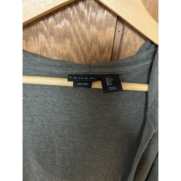 Women’s Tahari 100% Linen Open Front Hooded Layering Army Green Cardigan Size S - Picture 3 of 7